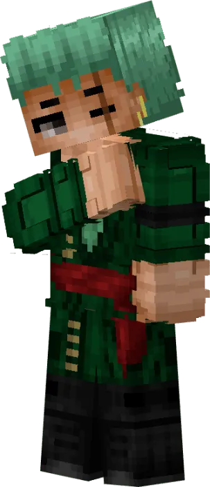 Blocky pirate character with green hair.