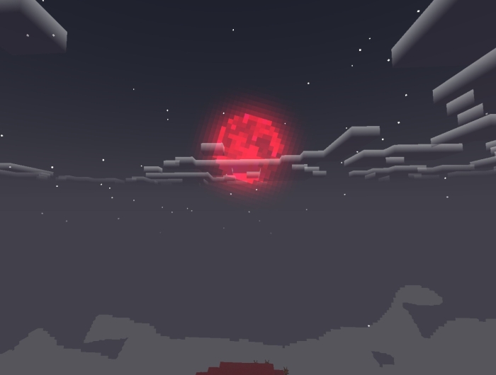 Red pixelated moon in a dark sky.