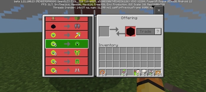 Addon trade menu with serpent-themed items.