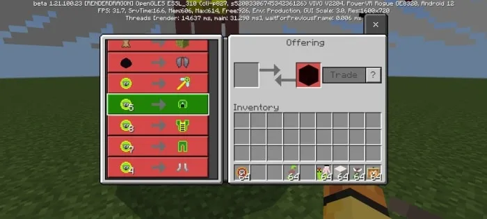 Addon trade menu with serpent-themed items.