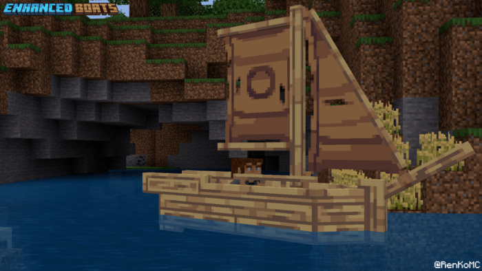 Sailboat on a river in a blocky world.