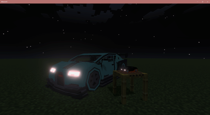 Blocky car and table under starry sky.