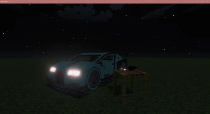 Blocky car and table under starry sky.