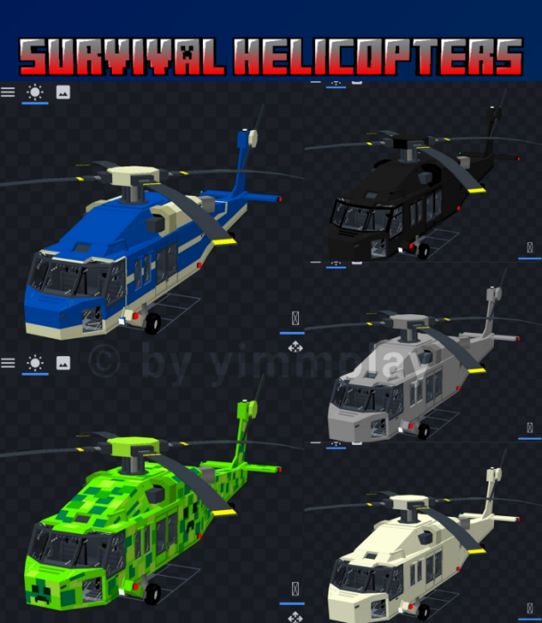 Five blocky helicopters in various colors.