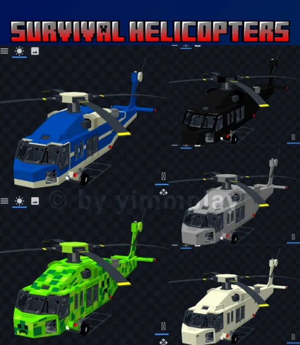 Five blocky helicopters in various colors.