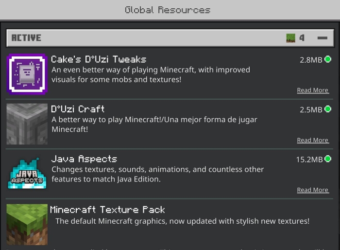 ALT Resource packs menu with four texture packs