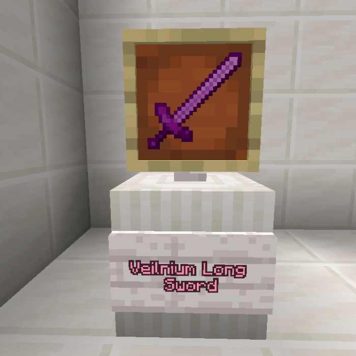 Purple pixel sword in a display case