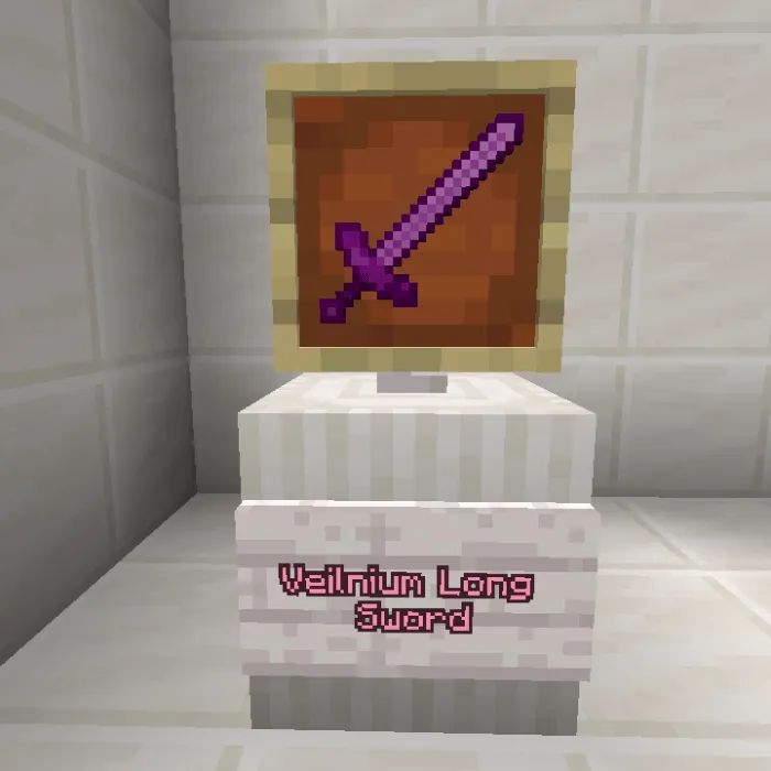 Purple pixel sword in a display case