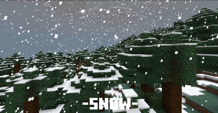 Pixelated snow falling over snowy forest