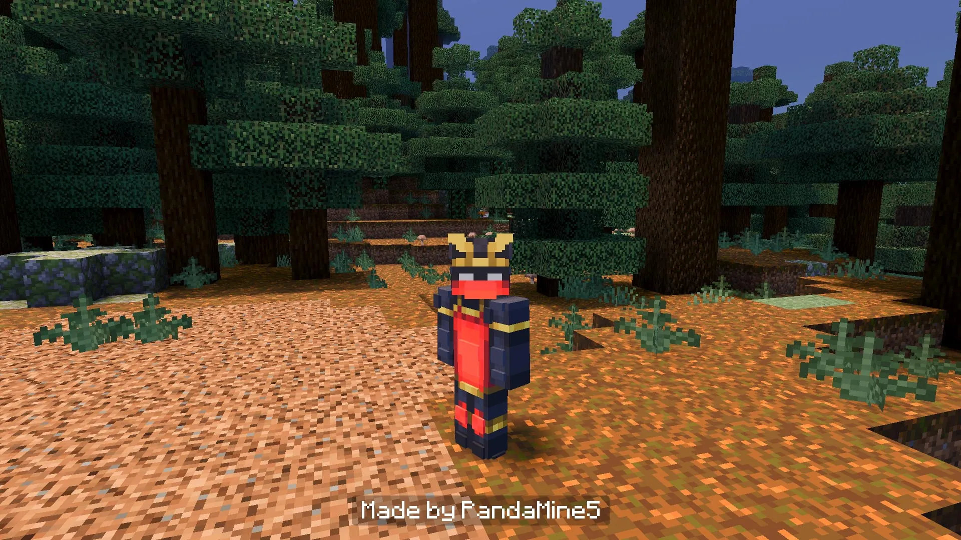 Blocky 3D character skin in a forest