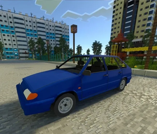 Blue VAZ-2114 car in a blocky city scene