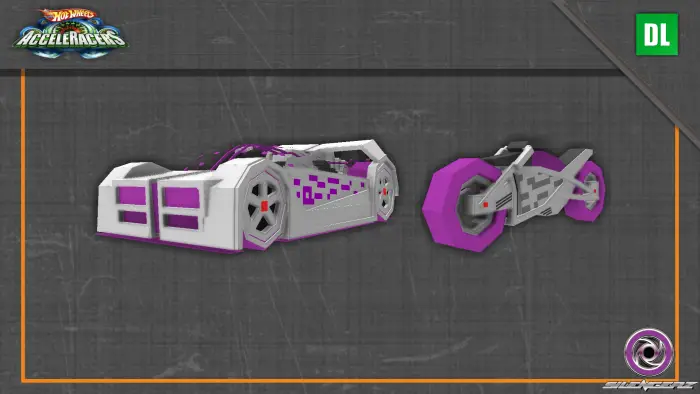Two pixelated purple and silver vehicles