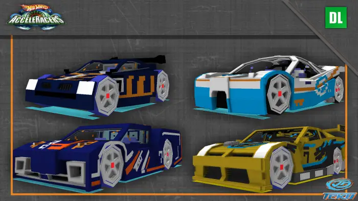 Four pixelated Hot Wheels Acceleracers cars
