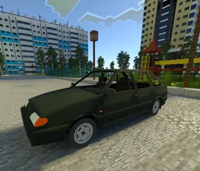 Blocky VAZ-2114 car parked by buildings