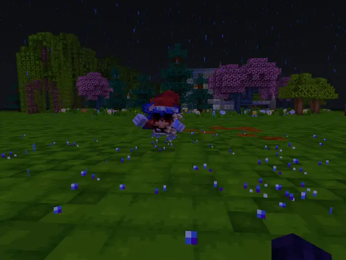 Creepy character in pixelated rainy field