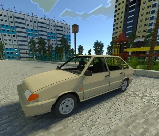 Blocky beige VAZ-2114 car near buildings