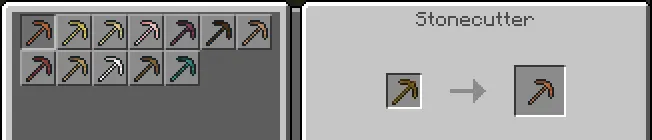 Twelve wooden pickaxes and stonecutter recipe