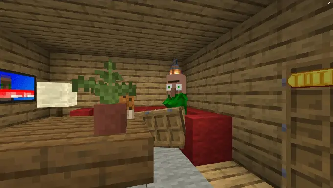 Villager with lamp hat in cozy wooden room