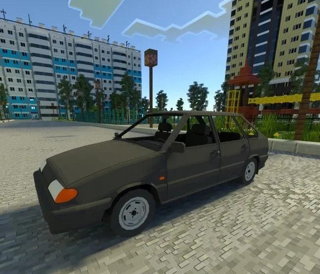 Blocky VAZ-2114 car near tall buildings
