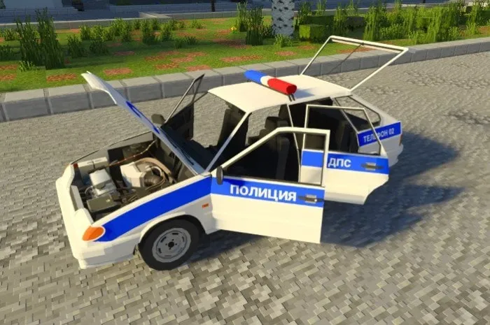 Blocky police car with open doors and hood