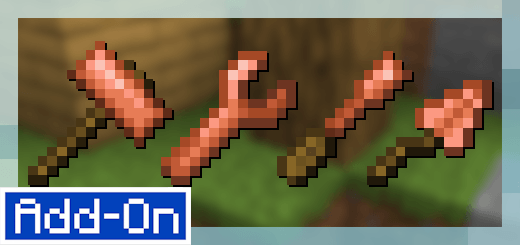 Four pixelated copper tools on grass block.