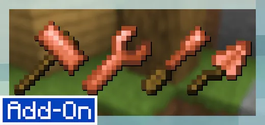 Four pixelated copper tools on grass block.