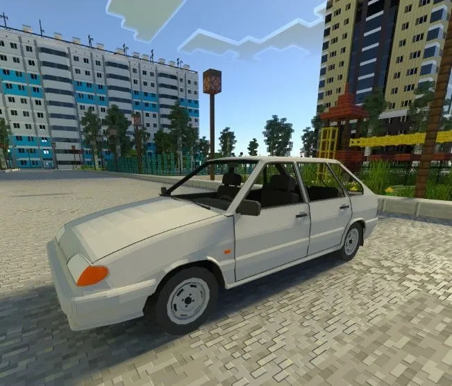 White VAZ-2114 car near city buildings