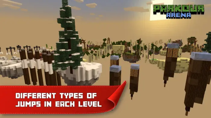 Floating parkour platforms with snowy trees