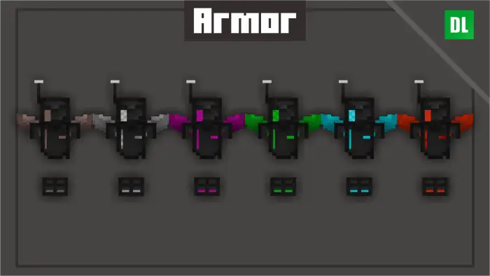 Six futuristic armor sets with neon accents