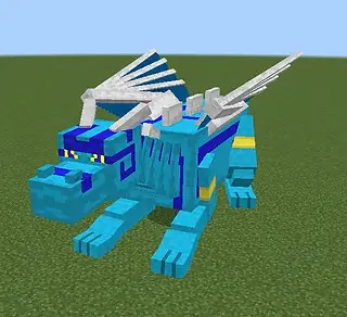 Blue blocky dragon with white wings on grass