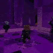 Players battle a boss in a glowing purple room.