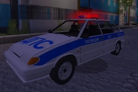 Blocky white police car with blue markings