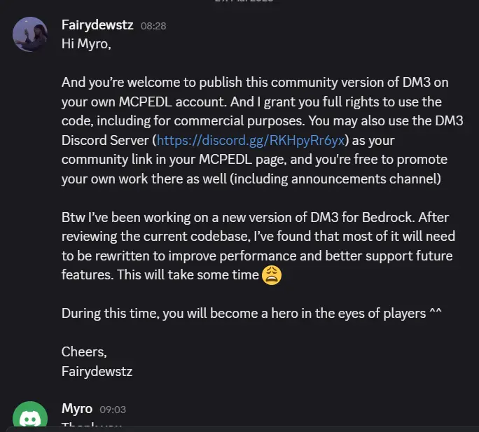 Discord chat about Dragon Mounts 3 mod rights
