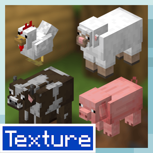 Four blocky farm animals in a grassy pen