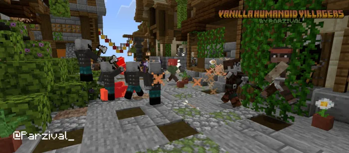 Humanoid villagers in a lively village scene