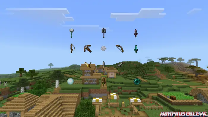 Floating weapons and items above a village.
