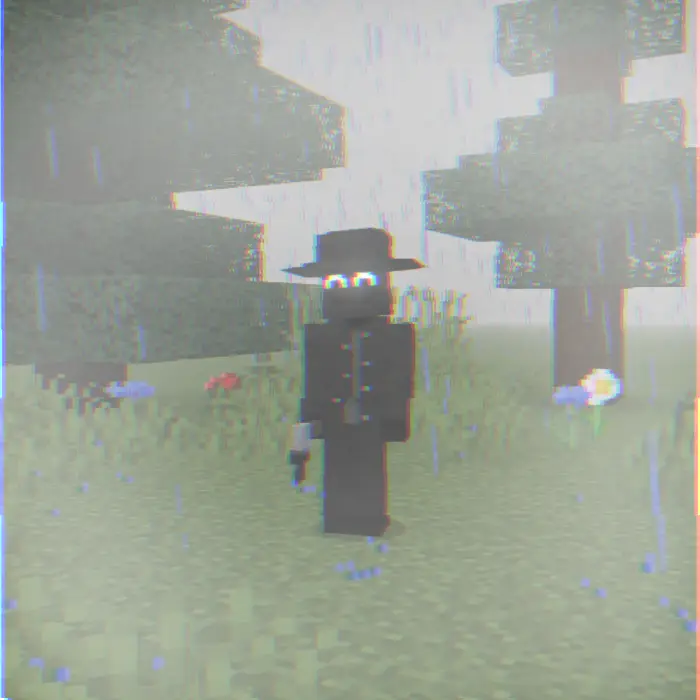 Glowing-eyed figure in dark, rainy forest