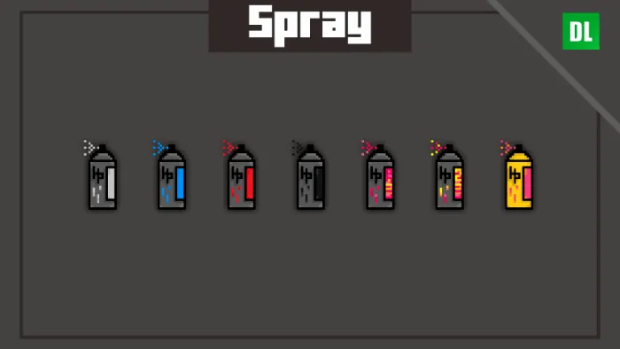 Pixel art spray paint cans in various colors.