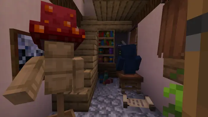 Mannequin with red mushroom hat in cozy room