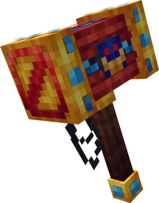 Pixelated golden hammer with red and blue details