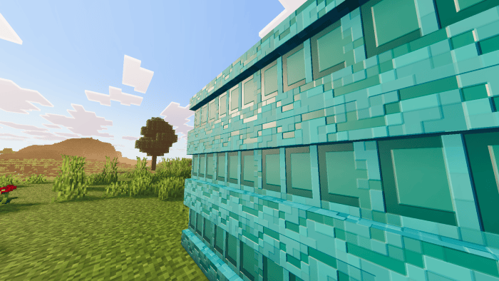 Shiny teal shelf blocks reflect sunlight.