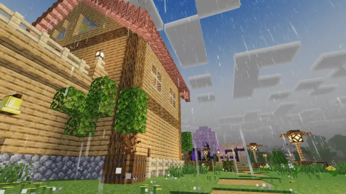 Wooden house with enhanced rain effects