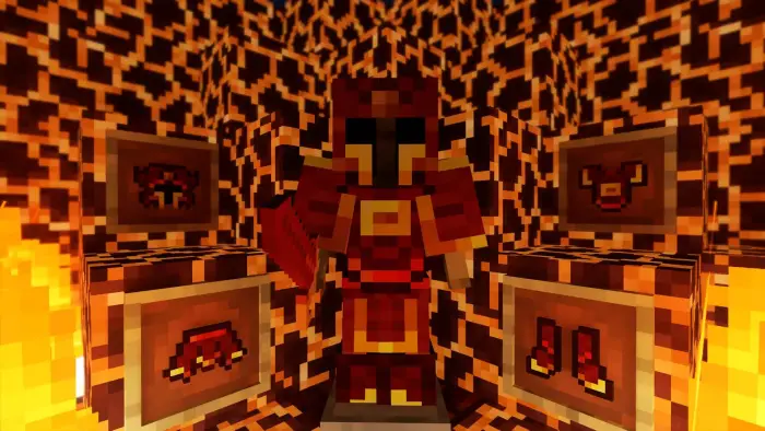 Player in fiery armor with lava-themed items