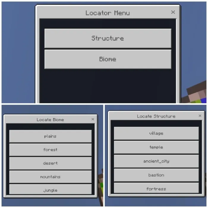 Top Locator menu with Structure and Biome Bottom left Biome selection list Bottom right Structure selection list