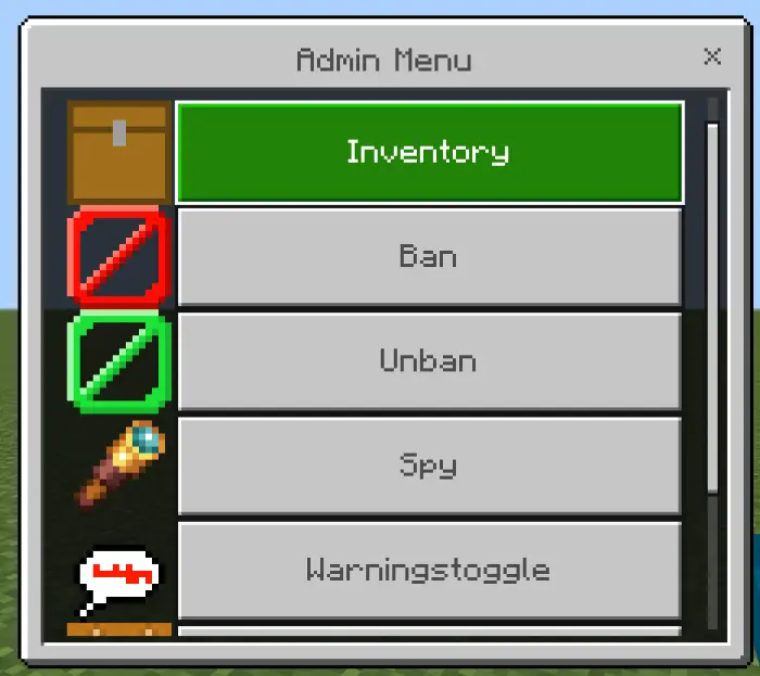 Admin menu with inventory, ban, and spy options