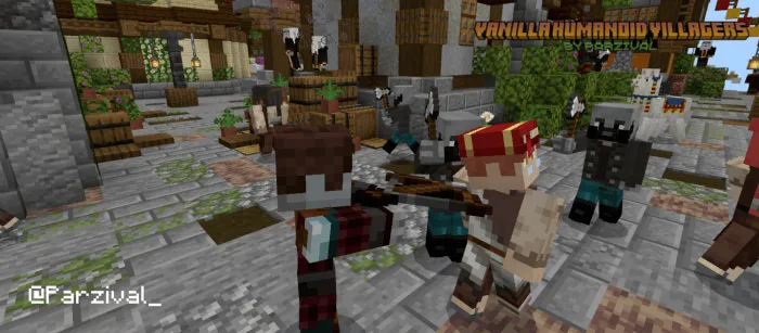 Humanoid villagers gather in a lively town.