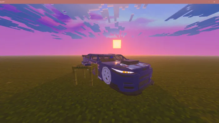 Blocky race car model at sunset