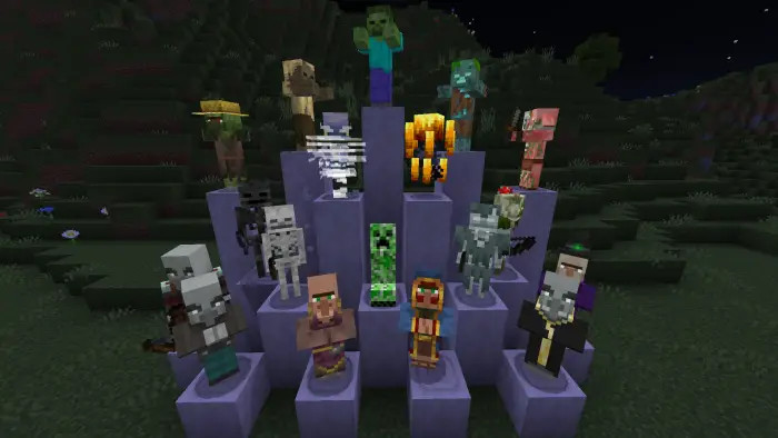 Glowing mobs on purple platforms at night