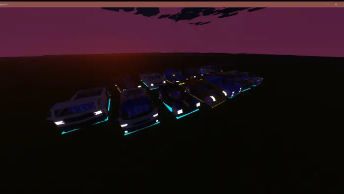 ALT text Neon-lit Acceleracers cars at sunset