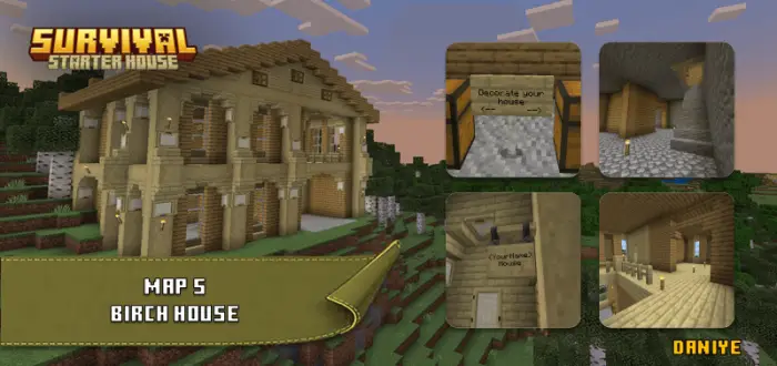 1. Large birch starter house on hillside 2. Sign Decorate your house in entry 3. Stone staircase to upper level room 4. Inter